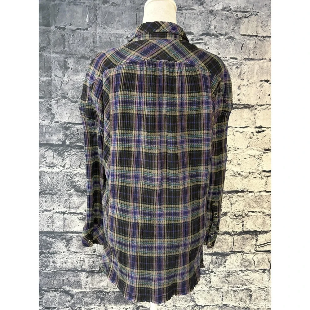Free People Shirt Womens XS Purple Plaid Button Front Frayed Hem Tunic‎ Top